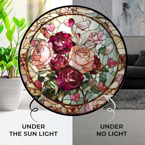 Valentine Blooming Roses Stained Glass Window Hanging Window Suncatcher 12" Glass Panel with Metal Chain Sun Catchers Wall Art Home Decor Gift for Women Mother's Day - Image 4
