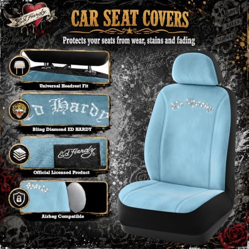 ED HARDY Car Seat Covers, Light Blue Short Plush & Silver Diamond Graphic
