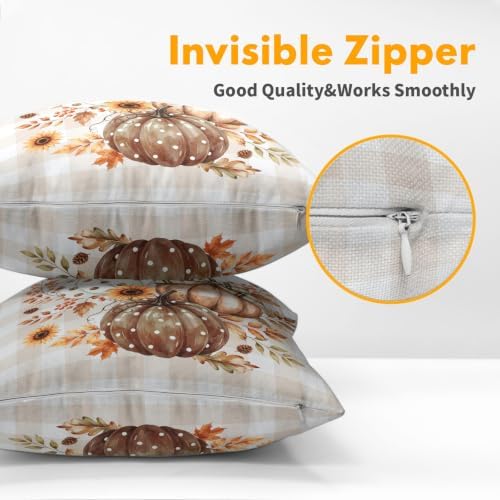 Fall Thanksgiving Pillow Covers 16x16 Set of 2 Autumn Pumpkin Maple Leaves Dot Floral Outdoor Throw Pillows Covers Orange Cream Plaid Bow Decorative Farmhouse Cushion Case for Living Room Couch Sofa - Image 5