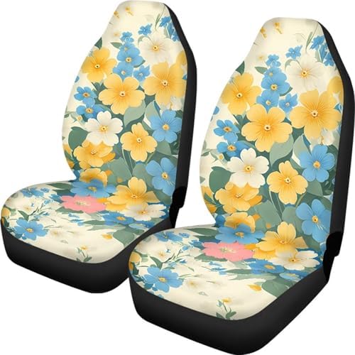 Daisy Car Seat Covers 2PCS Full Set, Rural Flower Field Marigold Universal Car Seat Protectors Auto Interior Decor, Countryside Marigold Interior Accessories Truck Van SUV