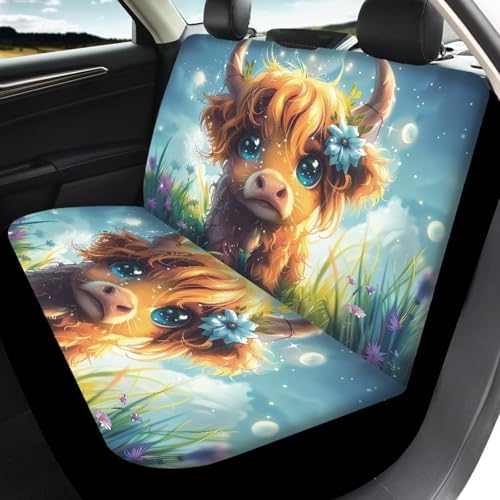 Cute Cattle Floral Print Car Seat Covers Full Set Front Rear Seat Covers for Truck Sedan 4 Piece Aesthetic Auto Accessories Vehicle Split Bench Covers