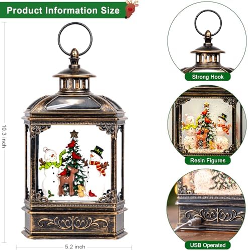 Christmas Snow Globes Lantern Christmas Snow Globe with Music Snowman and Christmas Tree,6H Timer,USB Lined/Battery Operated Lighted Lantern for Christmas Festival Decoration Gifts - Image 6