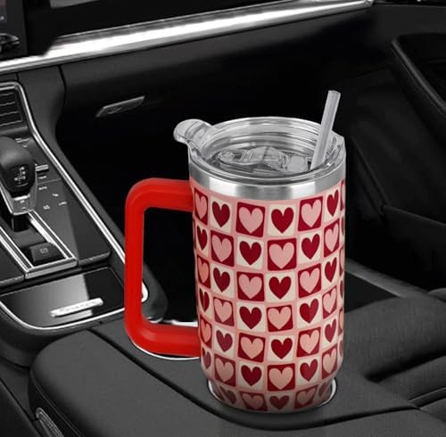 Valentines Tumbler 40oz Love Heart Tumbler Coffee Mugs Buffalo Check Heart Leak Proof Cups with Handle and Straw Stainless Steel Insulated Water Bottle for Valentine Decor Gifts for Women Her(1PCS) - Image 7