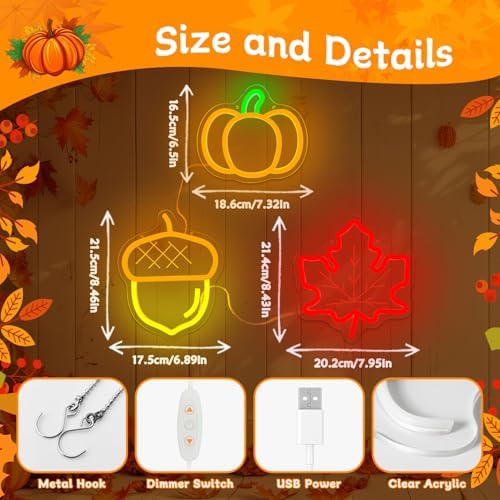 Thanksgiving Neon Signs for Wall Decor 3-Piece Fall Window Lights Dimmable Maple Leaf Acorn Pumpkin Led Sign Fall Autumn Harvest Neon Gifts Decorations - Image 3