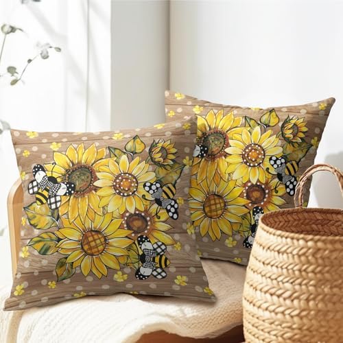 Summer Pillow Covers 22x22 Inch Set of 2, Sunflower Throw Pillow Covers Wood Pillowcase, Bee Polka Dot Decorative Seasonal Floral Spring Cushion Case Couch for Indoor Outdoor Home Decor - Image 7