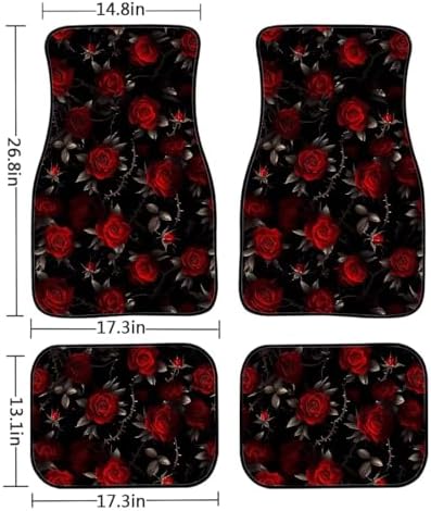 Rose Car Floor Mats 4PCS, Thorn Red Rose Rubber Non-Slip Front and Rear Floor Mats, Gothic Garden Floral All Weather Heel Pad Universal Fit SUV Van Truck