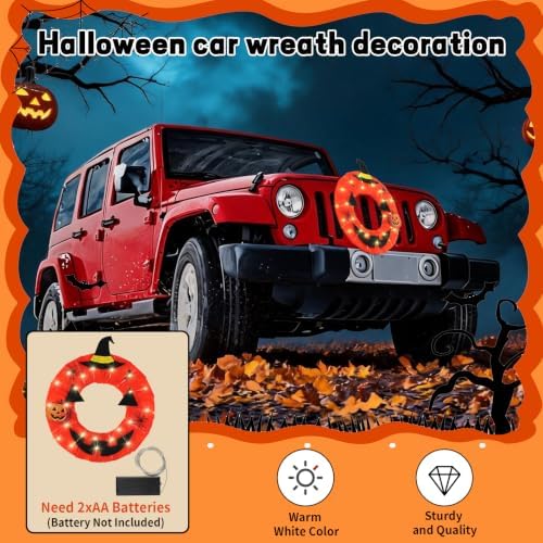 Lighted Halloween Car Wreath, 13" Artificial LED Car Wreath with Pumkin,Spider,Bat and Jack-O-Lantern for Front Grill, Light Powered Halloween Wreath Decor Fits Jeep Truck SUV RV and Golf Cart