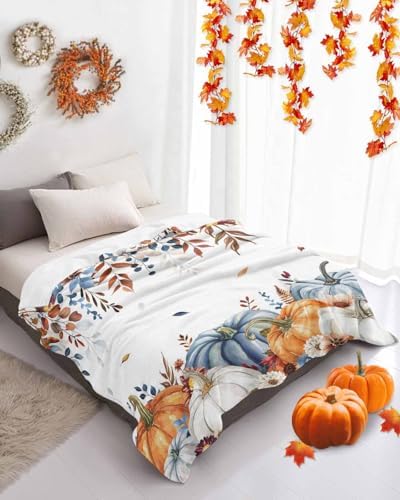 DecorLovee Orange Blue Pumpkins Fall Blanket 60"x80", Reversible Thanksgiving Throw Blanket for Couch/Bed, Floral Botanical Lightweight Soft Throw Blankets for Men, Warm Fuzzy Blankets for Winter - Image 4