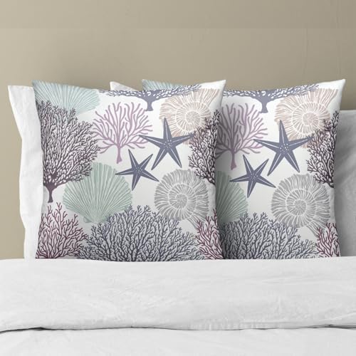 Sweetshow Ocean Coral Pillow Covers 22x22 Inch Nautical Coastal Throw Pillows Set of 2 Beach Seashell Starfish Pillow Case Soft Cotton Square Cushion Covers for Home Couch Sofa Patio Bedroom, Purple - Image 3