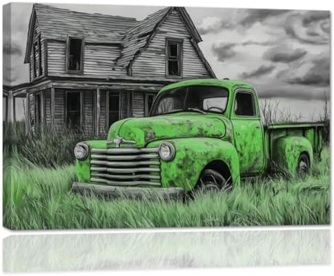 AWPANERAR Rustic Farmhouse Wall Decor Old Truck Canvas Print Car Painting Vintage Truck Poster Living Room Decor Frame (Green, (24.00" x 36.00")) by AWPANERAR