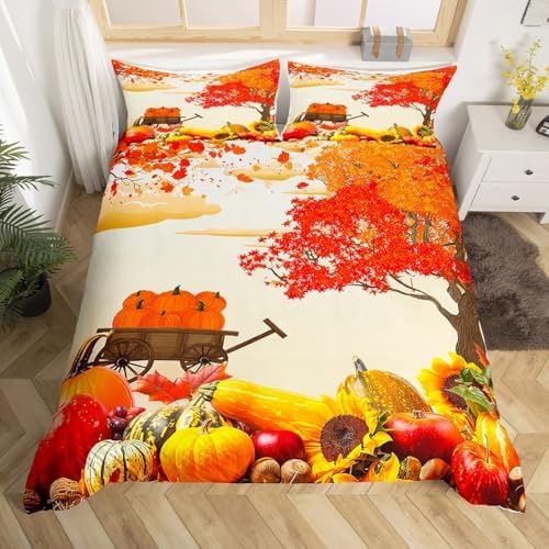 Fall Kids Duvet Cover Set Full Size,Autumn Pumpkin Maple Leaf Bedding Set,Girls Boys Adults Room/Cabin Decor,Fall Harvest Thanksgiving Day Comforter Cover,Rustic Farmhouse Quilt Cover,2 Pillowcases - Image 4