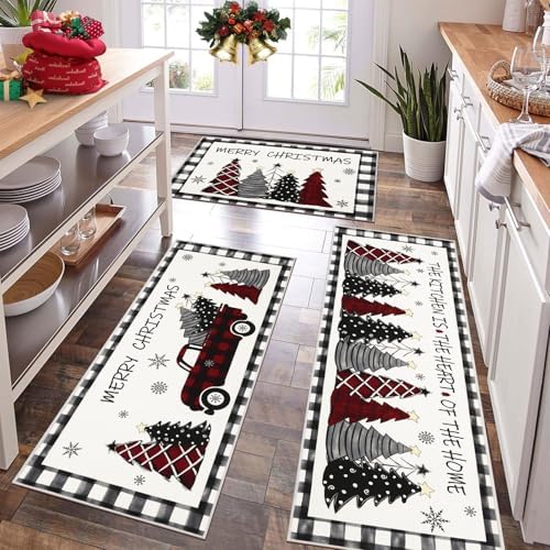 U'Artlines Christmas Kitchen Rugs and Mats Set of 3, Non Skid Tree Car Rug by UArtlines