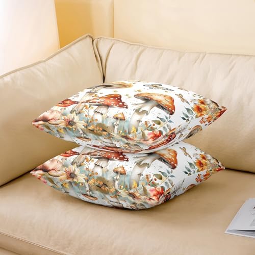 Manfei Mushroom Double Sides Print Pillow Covers 2 Pack,Jungle Botanical Plants Flowers Watercolor Fall Throw Pillow Case Covers,Rustic Farmhouse Butterfly Cushion Covers,18"x18" - Image 3