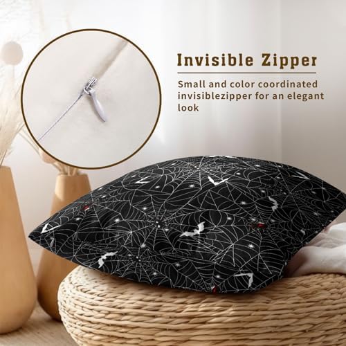 Sweetshow Halloween Spider Web Throw Pillow Covers 18X18 Inches Set of 2 White Bat Pillowcase Soft Cotton Square Cushion Covers for Home Sofa Bedroom Decoration - Image 4