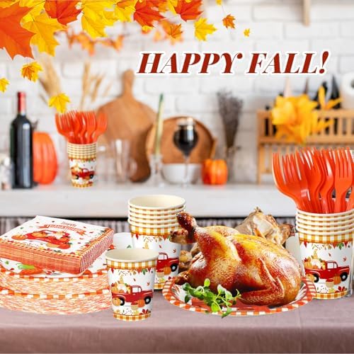 Sliner 180 Pcs Thanksgiving Disposable Dinnerware Set, Red Car Pumpkin - Image 5