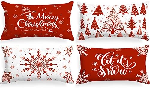 Lanpn Christmas Lumbar Throw Pillow Covers 14x24 Set of 4, Merry Christmas Winter Xmas Snowflake Decorative Holiday Cushion Pillow Cases 14 x 24 for Indoor Farmhouse Home Room Couch Decor (Red) by Lanpn
