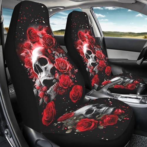 Bulopur Halloween Auto Seat Covers Front Seats Gothic Skull and Red Rose Car Seat Covers Set Car Accessories Interior Highback Bucket Covers for Most Cars