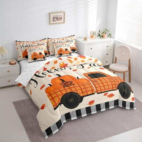 Erosebridal Plaid Pumpkin Truck Queen Comforter Set 7 Piece Fall Thanksgiving Harvest Bed in A Bag,Buffalo Check Maple Leaves Bedding Set for Kids Adults Farmhouse Autumn Sheet Set with Comforter - Image 3