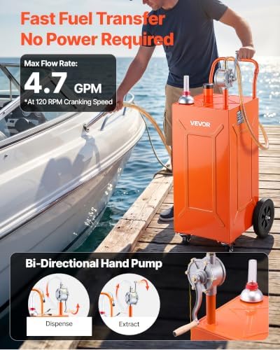 VEVOR 35 Gallon Fuel Gas Caddy, Carbon Steel, Portable Fuel Transfer Storage Tank with Manual Pump & 4 Wheels, Gasoline Diesel Can Container, for Cars, Lawn Mowers, ATVs, Boats, Motorcycles, Orange - Image 3