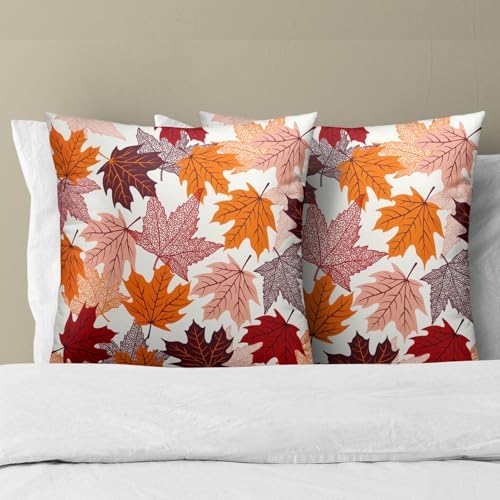Sweetshow Fall Leaves Throw Pillow Covers 12X12 Inches Set of 2 Thanksgiving Autumn Harvest Maple Leaf Pillowcase Soft Cotton Square Cushion Covers for Home Sofa Bedroom Decoration - Image 3