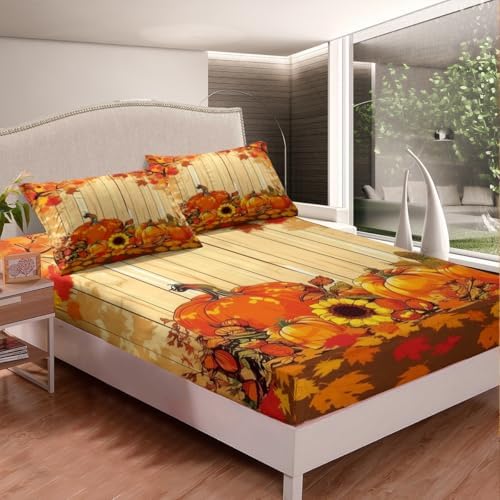 Feelyou Fall Pumpkin Bed Sheets Set King Size Thanksgiving Harvest Season Fruit Decor Sheet Set for Kids Boys Girls Decor Maple Leaf Sheets with Deep Pocket Fitted Sheet Deep Orange - Image 3