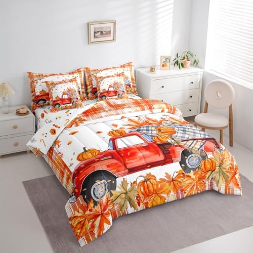 Erosebridal Red Farm Truck Car Bed in a Bag Twin 7 Pieces,Thanksgiving Pumpkin Fall Leaves Comforter Set Reversible Farmhouse Autumn Harvest Design,Soft Breathable Bedding Sets with Comforter,Sheets - Image 2