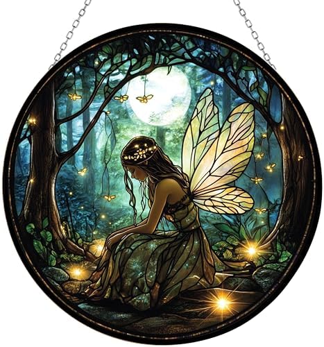 Stained Glass Suncatcher, Boho Fairy and Fireflies Sun Catcher Stain Glass Window Hanging Decoration Mother's Day Birthday Gifts for Lover Women Men Mom Nana 11.8 in by 365CUSGIFTS