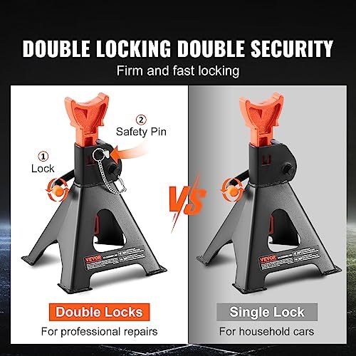 VEVOR Jack Stands, 3 Ton (6,000 lbs) Capacity Car Jack Stands Double Locking, 10.8-16.3 inch Adjustable Height, for Lifting SUV, Pickup Truck, Car and UTV/ATV, Red, 1 Pair