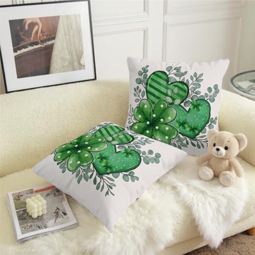 Sweetshow St Patricks Day Pillow Covers 20x20 Inches Lucky Green Shamrock Eucalyptus Heart Throw Pillow Case Set of 2 Irish Spring Pillows Cotton Linen Cushion Cover for Home Couch Sofa Livingroom - Image 2