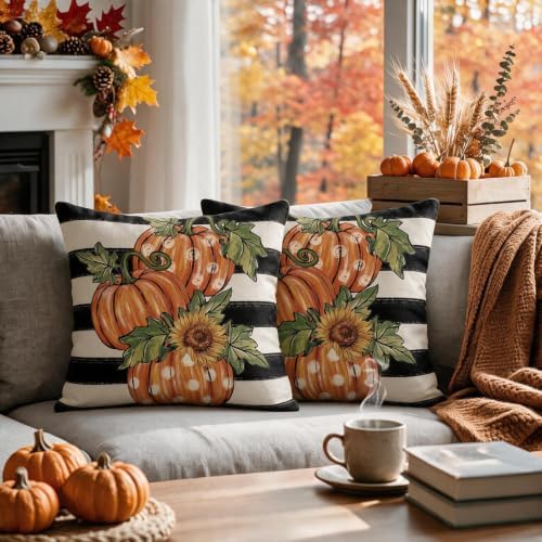 Fall Thanksgiving Pillow Covers 18x18 Set of 2, Autumn Polka Dot Pumpkin Sunflower Print Striped Decorative Throw Pillow Cases Holiday Outdoor Harvest Seasonal Farmhouse Decor for Sofa Couch Bed - Image 2