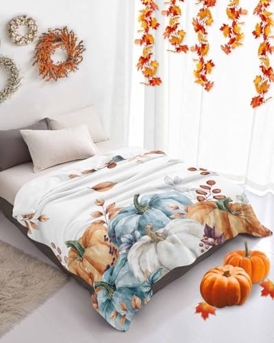 DecorLovee Orange Blue Grey Fall Blanket 40"x60", Reversible Pumpkins Throw Blanket for Couch/Bed, Botanical Thanksgiving Lightweight Soft Throw Blanket for Boys, Warm Fuzzy Blankets for Winter - Image 4