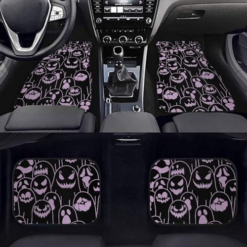 Mauve Black Ghost Print Funny Halloween Car Floor Mats 4 PCS, Cute Durable Interior Accessories for Car SUV, All Weather Floor Mats with Front Rear Trunk Liners Set for Party
