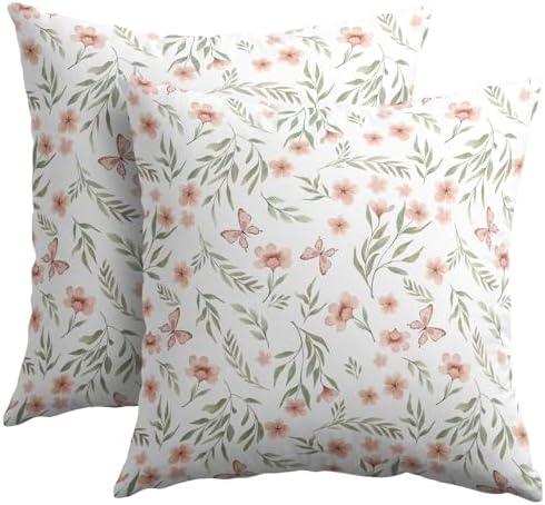 Spring Pillow Covers 20x20 Set of 2 Sage Green Pink Floral Throw Pillow Covers Boho Pillowcase Linen Decoration Farmhouse Soft Decorative Butterfly Cushion Case Couch for Indoor Outdoor Home Decor by Trongr