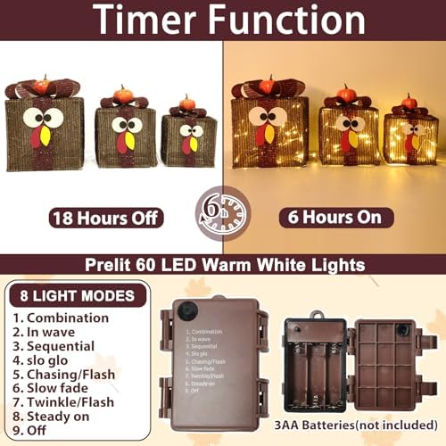 [Timer & 8 Modes] 3 Pack Thanksgiving Decorations Turkey Lighted Gift Boxes - Image 3