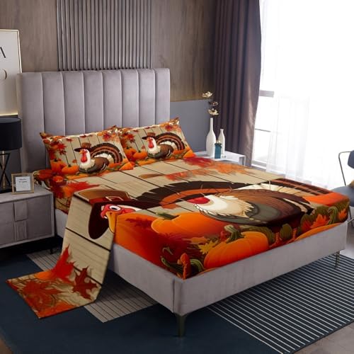 Feelyou Turkey Bed Sheets Set King Size Thanksgiving Harvest Season Fruit Decor Sheet Set for Kids Boys Girls Decor Fall Pumpkin Sheets with Deep Pocket Fitted Sheet Crocus by Feelyou
