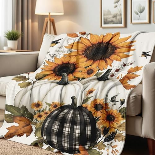Fall Blankets and Throws White Pumpkin Print Blanket for Couch Bed Room Home Autumn Harvest Flannel Throw Thanksgiving Decor Gifts (59"x78") by Hunxiaoj