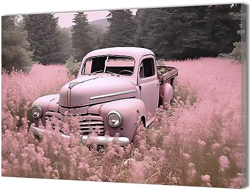 QIXIANG Farmhouse Truck Wall Art for Bedroom Decor Pink Truck and Flowers Picture Prints on Canvas for Bathroom Home with Framed (20.00" x 30.00", Pink) by QIXIANG
