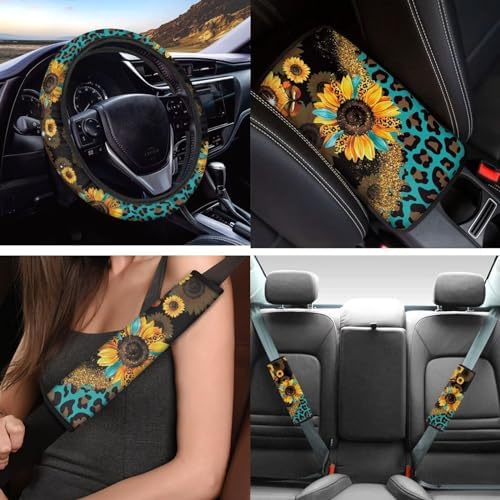 Leopard Sunflower Car Seat Covers for Women Men,Neoprene Car Steering Wheel Cover Seatbelt Pads Armrest Pads Keychain Leopard Car Interior Sets Leopard Car Coasters Decor Accessory