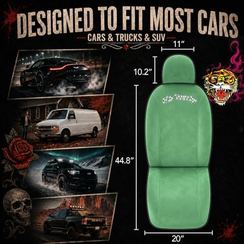 ED HARDY Car Seat Covers, Green Soft Short Plush & Silver Diamond Graphic