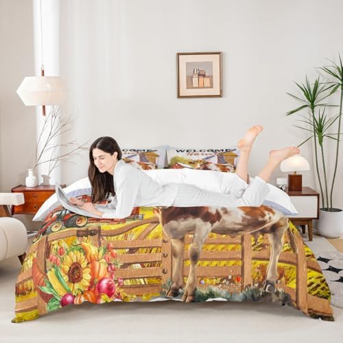 Fall Harvest Kids Duvet Cover Set King Size,Cow Rustic Farmhouse Bedding Set,Girls Boys Adults Room/Cabin Decor,Sunflowers Pumpkin Autumn Comforter Cover,Colorful Bright Quilt Cover,2 Pillowcases - Image 2