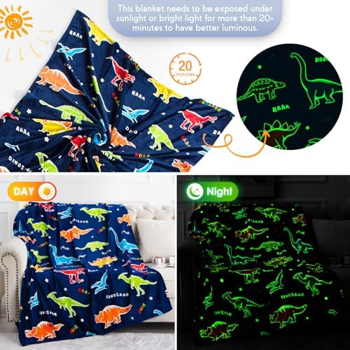 Jekeno Dinosaur Glow in The Dark Blanket Dino Gift Throw for Kids Boys Girls Birthday Christmas Halloween Easter Decor for Age 1-16 Years Old Teens Child Toddler Son Throw Navy Blue 50"x60" - Image 3