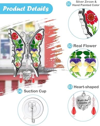 KY&BOSAM New Butterfly Suncatcher Stain Glass World`s Best Grandma Butterfly Suncatcher Hanging for Window Wind Chime Gifts for Grandma Mother`s Day Valentine's Birthday Christmas Thanksgiving - Image 3