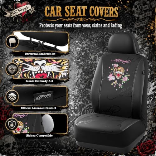ED HARDY Tiger Print Car Seat Covers, Black Premium Leather Front Seat Covers, Universal Fit Automotive Covers for Most Cars, Trucks & SUVs, Airbag Compatible, Waterproof, Scratch Resistant