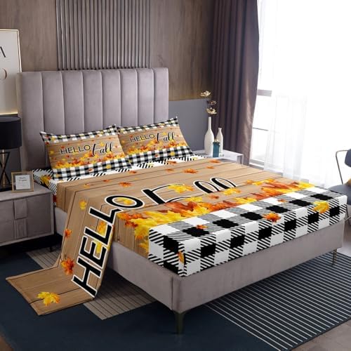 Fall Thanksgiving Fitted Sheet Full Autumn Harvest Seasonal Bed Sheets Gifts For Kids Teen Adults,Black White Buffalo Plaid Checkered Bedding Set Rustic Farmhouse Sheet Set Brown With 2 Pillow Cases - Image 2