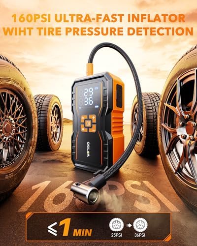 OXILAM 7000A Jump Starter with Air Compressor 160 PSI for All Gas/12L Diesel, 12V Battery Jumper Starter Portable with Auto-Shutoff Tire Inflator, Jumper Cables, LED Display, LED Light, Power Bank - Image 3