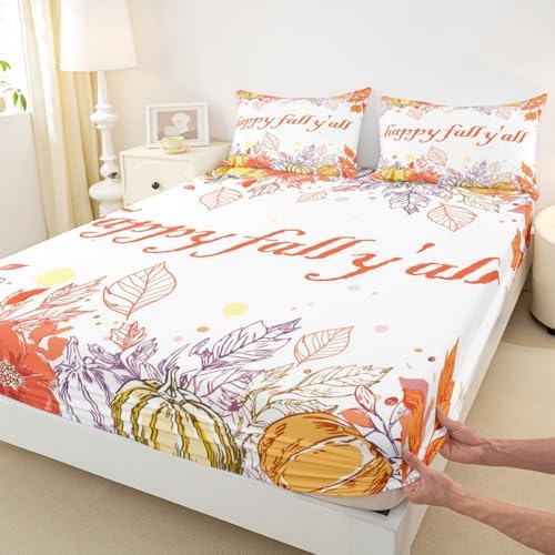 Watercolor Fall Pumpkin Bed Sheets ,Happy Harvest Thanksgiving Sheet Set For Twin Bed,Autumn Maple Leaf Botanical Bedding Set Fall Rustic Farmhouse Fitted Sheet Orange Flat Sheet 1 Pillow Case - Image 6
