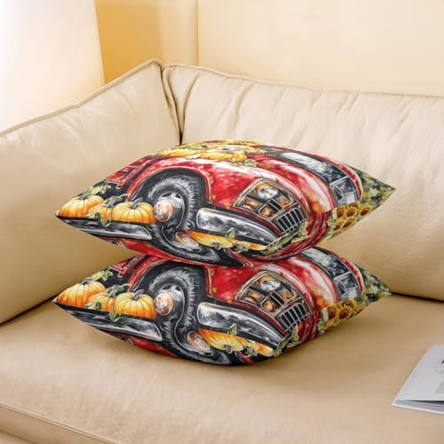 Manfei Pumpkin Red Truck 2 Pack Pillow Covers,Cute Puppy Dog Sunflower Rustic Farmhouse Soft Square Cushion Case,Fall Harvest Thanksgiving Day Throw Pillow Coverss Double Sides,20"x 20" - Image 3