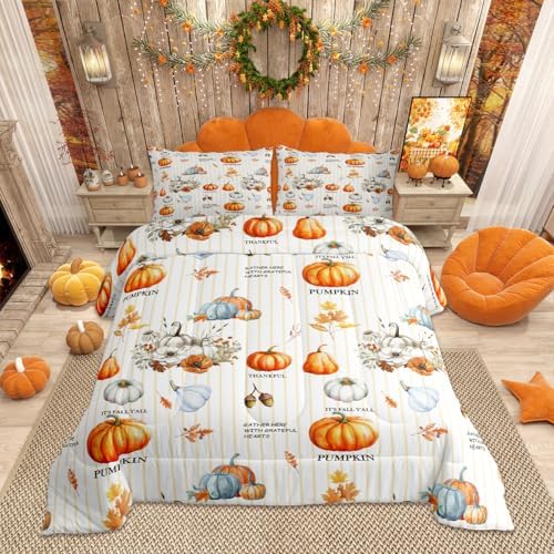 Homewish Fall Theme Pumpkin Comforter Set Full Size Maple Leaves Bedding Set Vintage Yellow White Stripes Quilt Set for Kids Girls Boys Women Bedroom Decor Rustic Farmhouse Plants Duvet Insert 3Pcs by Homewish
