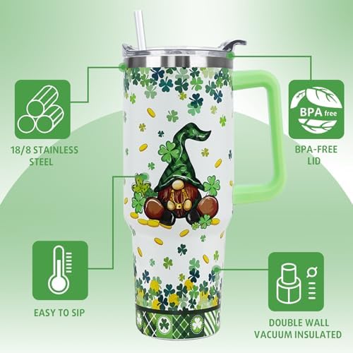 St Patricks Day Tumbler with Handle 40 oz Lucky Gnomes Shamrock Coffee Travel Mug Stainless Steel Insulated Cup Irish Saint Patricks Decor Gifts - Image 5