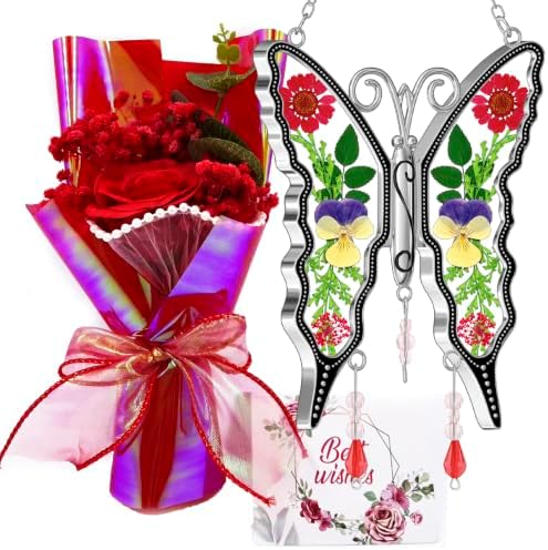 KY&BOSAM Gift for Mom Butterfly Suncatcher with Rose Flower Bouquet Set,Red by KYBOSAM